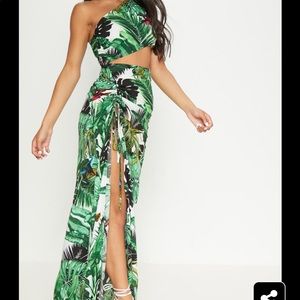 Green Tropical One Shoulder Cut Out Maxi Dress
